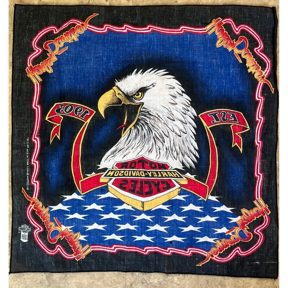 Vintage Harley-Davidson Bandana Eagle Stars Biker Scarf Black Blue Made in USA